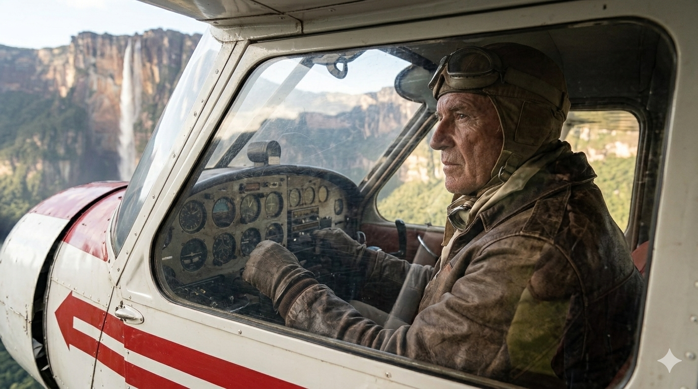 Las ruinas del avión de Jimmie Angel aún reposan en la cima del Auyantepui, testimonio de una época en la que volar era tan peligroso como maravilloso. — Generado con Gemini